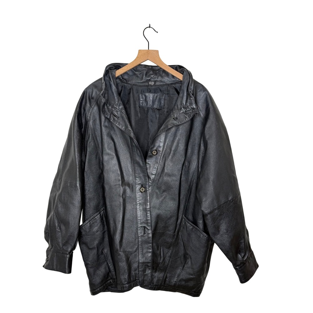 Vintage Black Leather 90s Bomber Jacket XL Streetwear Gorpcore Rapper Hip Hop